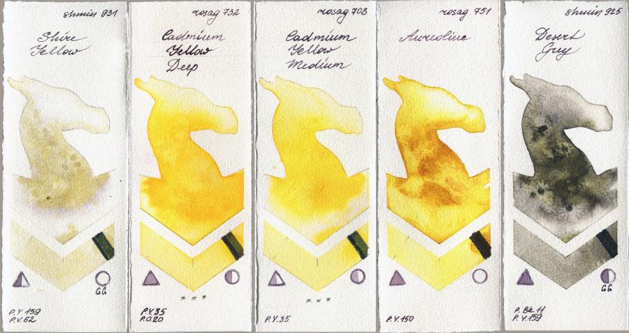 Shminke Horadam Aquarell 931 Shire Yellow vs Rosa Gallery 732 Cadmium Yellow Deep vs 703 Cadmium Yellow Medium vs 751 Aureoline vs 925 Desert Grey watercolor swatch
