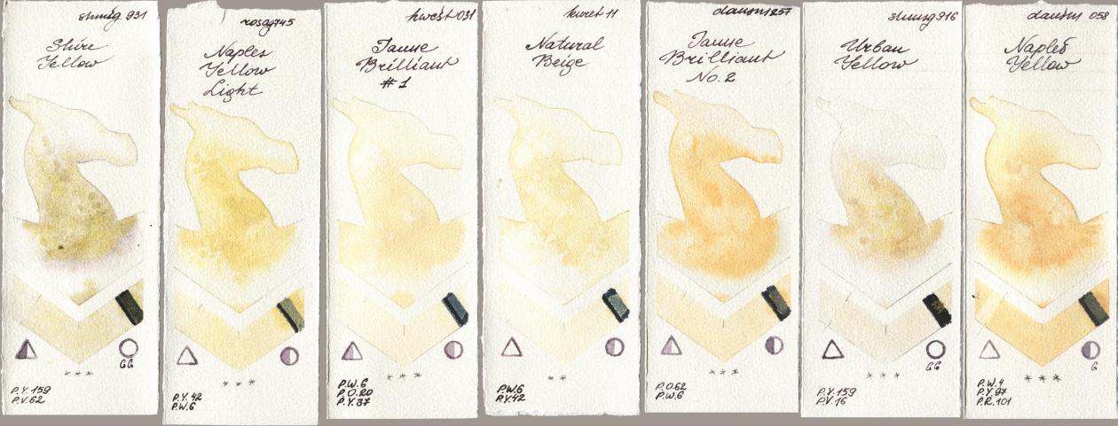 Shminke Horadam Aquarell 931 Shire Yellow, Rosa Gallery 745 Naples Yellow Light, Holbein Artists Watercolor 031 Jaune Brilliant No 1, Kuretake Gansai Tambi 011 Natural Beige, Daniel Smith 257 Jaune Brilliant No 2, 916 Urban Yellow, 058 Naples Yell watercolor swatch