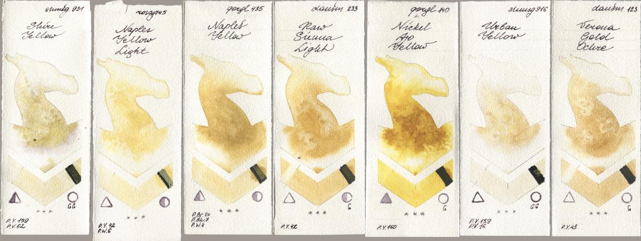 Shminke Horadam Aquarell 931 Shire Yellow, Rosa Gallery 745 Naples Yellow Light, Golden QOR 435 Naples Yellow, Daniel Smith 233 Raw Sienna Light, 140 Nickel Azo Yellow, 916 Urban Yellow, 123 Verona Gold Och watercolor swatch