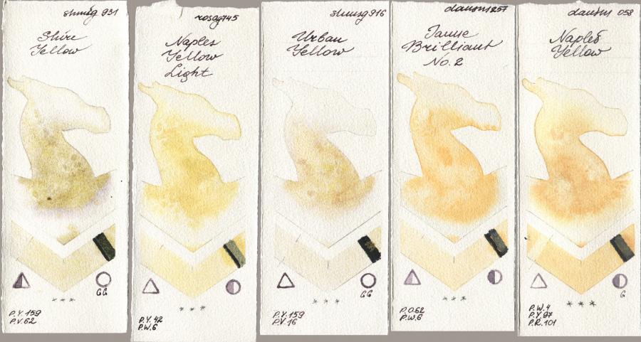 Shminke Horadam Aquarell 931 Shire Yellow, Rosa Gallery 745 Naples Yellow Light, 916 Urban Yellow, Daniel Smith 257 Jaune Brilliant No 2, 058 Naples Yell watercolor swatch