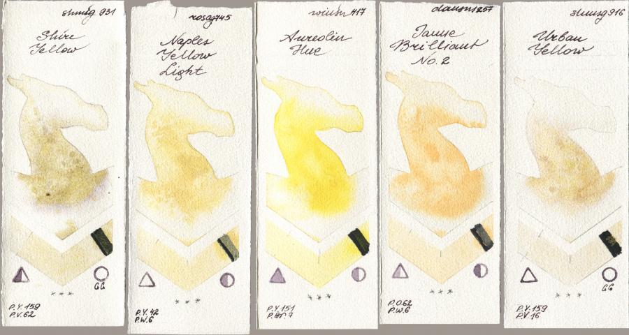 Shminke Horadam Aquarell 931 Shire Yellow vs Rosa Gallery 745 Naples Yellow Light vs Winsor & Newton Professional 417 Aureolin Hue vs Daniel Smith 257 Jaune Brilliant No 2 vs 916 Urban Yellow watercolor swatch