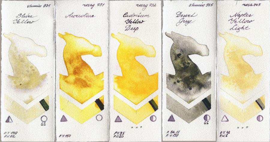 Shminke Horadam Aquarell 931 Shire Yellow vs Rosa Gallery 751 Aureoline vs 732 Cadmium Yellow Deep vs 925 Desert Grey vs 745 Naples Yellow Light watercolor swatch