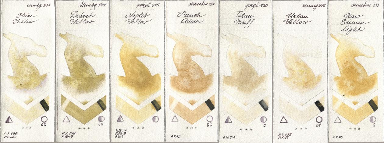 Shminke Horadam Aquarell 931 Shire Yellow, 921 Desert Yellow, Golden QOR 435 Naples Yellow, Daniel Smith 134 French Ochre, 430 Titan Buff, 916 Urban Yellow, 233 Raw Sienna Lig watercolor swatch