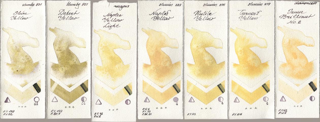Shminke Horadam Aquarell 931 Shire Yellow, 921 Desert Yellow, Rosa Gallery 745 Naples Yellow Light, 229 Naples Yellow, 205 Rutile Yellow, 219 Turner‘s Yellow, Daniel Smith 257 Jaune Brilliant No watercolor swatch