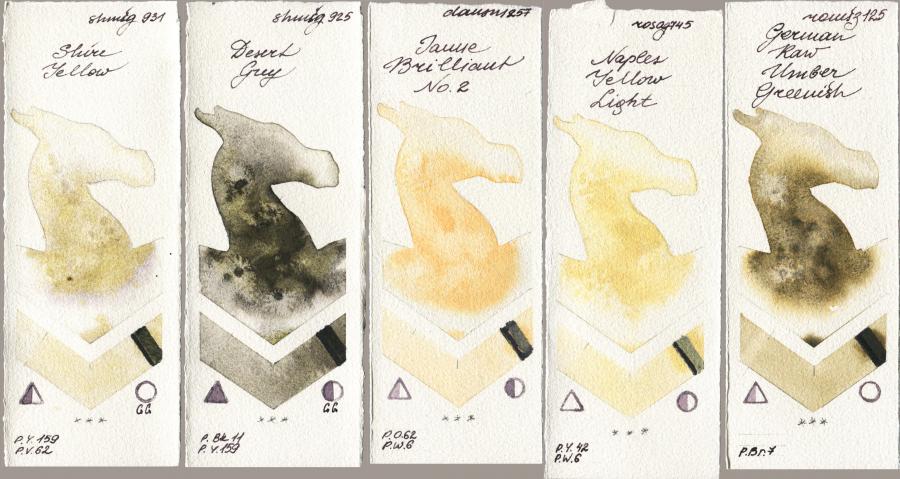 Shminke Horadam Aquarell 931 Shire Yellow vs 925 Desert Grey vs Daniel Smith 257 Jaune Brilliant No 2 vs Rosa Gallery 745 Naples Yellow Light vs Roman Szmal Aquarius 125 German Raw Umber Greenish watercolor swatch