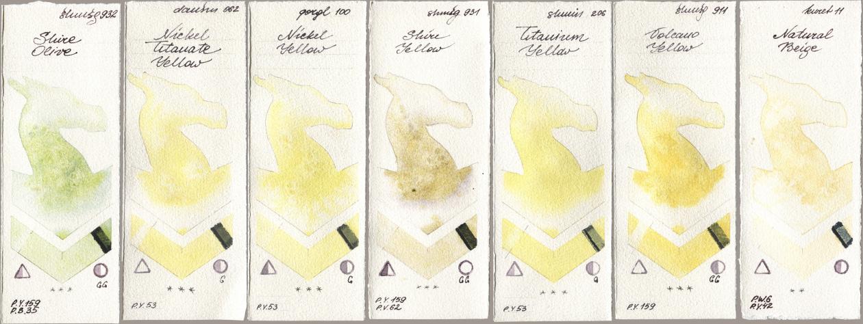 Shminke Horadam Aquarell 932 Shire Olive, Daniel Smith 062 Nickel Titanate Yellow, Golden QOR 100 Nickel Yellow, 931 Shire Yellow, 206 Titanium Yellow, 911 Volcano Yellow, Kuretake Gansai Tambi 011 Natural Bei watercolor swatch