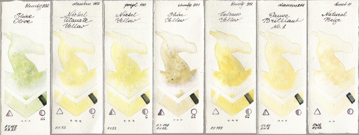 Shminke Horadam Aquarell 932 Shire Olive, Daniel Smith 062 Nickel Titanate Yellow, Golden QOR 100 Nickel Yellow, 931 Shire Yellow, 911 Volcano Yellow, 256 Jaune Brilliant No 1, Kuretake Gansai Tambi 011 Natural Bei watercolor swatch