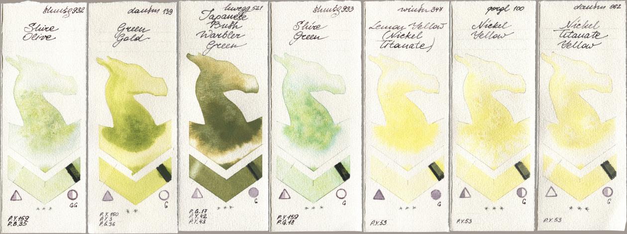 Shminke Horadam Aquarell 932 Shire Olive, Daniel Smith 139 Green Gold, Holbein Artists Watercolor 521 Japanese Bush Warbler Green, 933 Shire Green, Winsor & Newton Professional 347 Lemon Yellow (Nickel Titanate), Golden QOR 100 Nickel Yellow, 062 Nickel Titanate Yell watercolor swatch