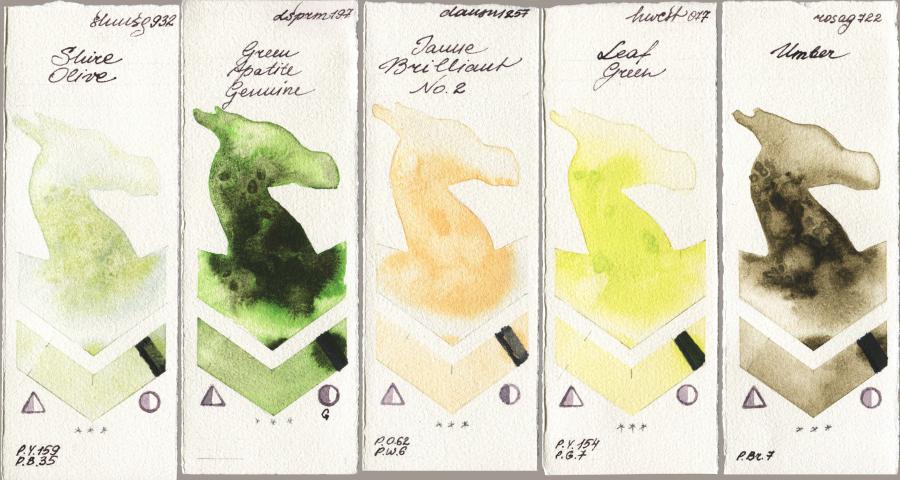 Shminke Horadam Aquarell 932 Shire Olive vs Daniel Smith 197 Green Apatite Genuine vs 257 Jaune Brilliant No 2 vs Holbein Artists Watercolor 077 Leaf Green vs Rosa Gallery 722 Umber watercolor swatch