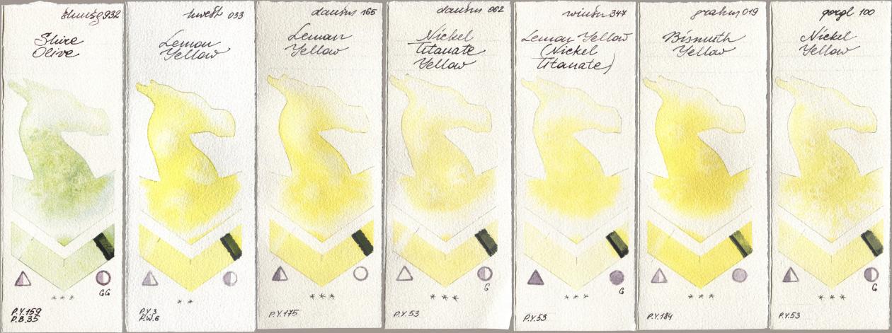 Shminke Horadam Aquarell 932 Shire Olive, Holbein Artists Watercolor 033 Lemon Yellow, Daniel Smith 165 Lemon Yellow, 062 Nickel Titanate Yellow, Winsor & Newton Professional 347 Lemon Yellow (Nickel Titanate), M. Graham & Co. Artists 019 Bismuth Yellow, Golden QOR 100 Nickel Yell watercolor swatch