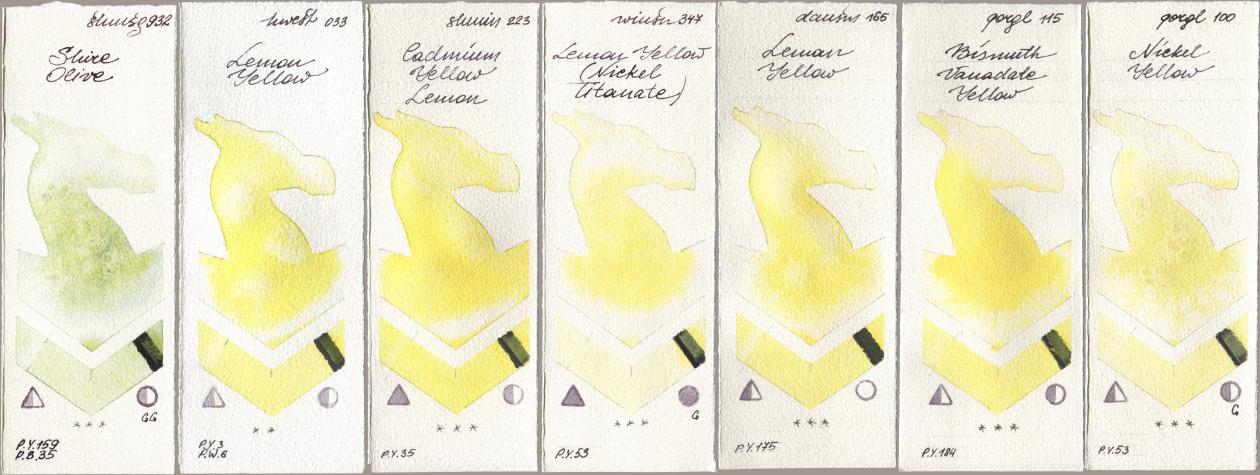 Shminke Horadam Aquarell 932 Shire Olive, Holbein Artists Watercolor 033 Lemon Yellow, 223 Cadmium Yellow Lemon, Winsor & Newton Professional 347 Lemon Yellow (Nickel Titanate), Daniel Smith 165 Lemon Yellow, Golden QOR 115 Bismuth Vanadate Yellow, 100 Nickel Yell watercolor swatch