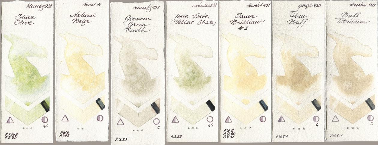 Shminke Horadam Aquarell 932 Shire Olive, Kuretake Gansai Tambi 011 Natural Beige, Roman Szmal Aquarius 138 German Green Earth, Winsor & Newton Professional 638 Terre Verte (Yellow Shade), Holbein Artists Watercolor 031 Jaune Brilliant No 1, Golden QOR 430 Titan Buff, Daniel Smith 009 Buff Titani watercolor swatch