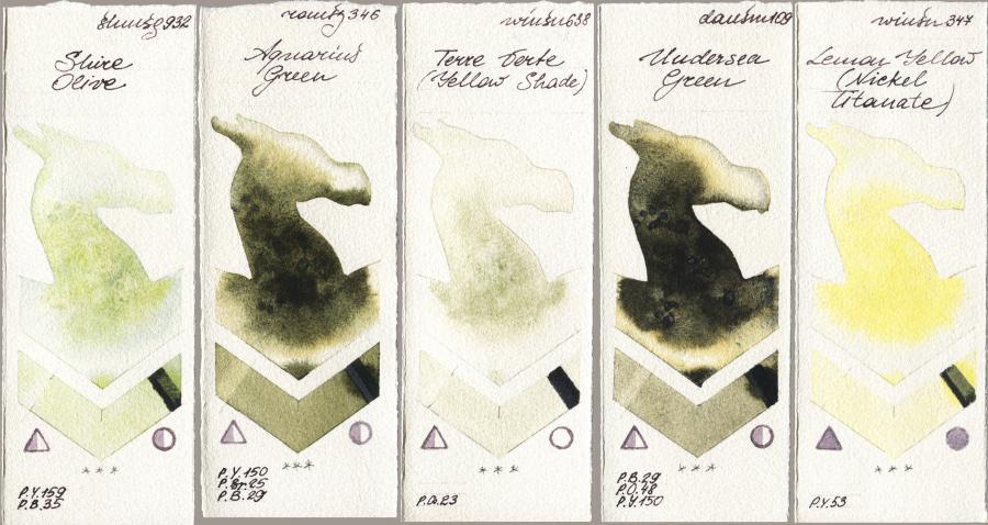 Shminke Horadam Aquarell 932 Shire Olive vs Roman Szmal Aquarius 346 Aquarius Green vs Winsor & Newton Professional 638 Terre Verte (Yellow Shade) vs Daniel Smith 109 Undersea Green vs 347 Lemon Yellow (Nickel Titanate) watercolor swatch