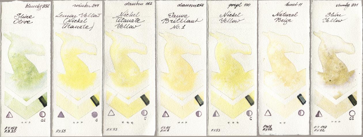 Shminke Horadam Aquarell 932 Shire Olive, Winsor & Newton Professional 347 Lemon Yellow (Nickel Titanate), Daniel Smith 062 Nickel Titanate Yellow, 256 Jaune Brilliant No 1, Golden QOR 100 Nickel Yellow, Kuretake Gansai Tambi 011 Natural Beige, 931 Shire Yell watercolor swatch