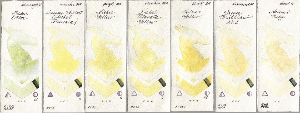 Shminke Horadam Aquarell 932 Shire Olive, Winsor & Newton Professional 347 Lemon Yellow (Nickel Titanate), Golden QOR 100 Nickel Yellow, Daniel Smith 062 Nickel Titanate Yellow, 911 Volcano Yellow, 256 Jaune Brilliant No 1, Kuretake Gansai Tambi 011 Natural Bei watercolor swatch