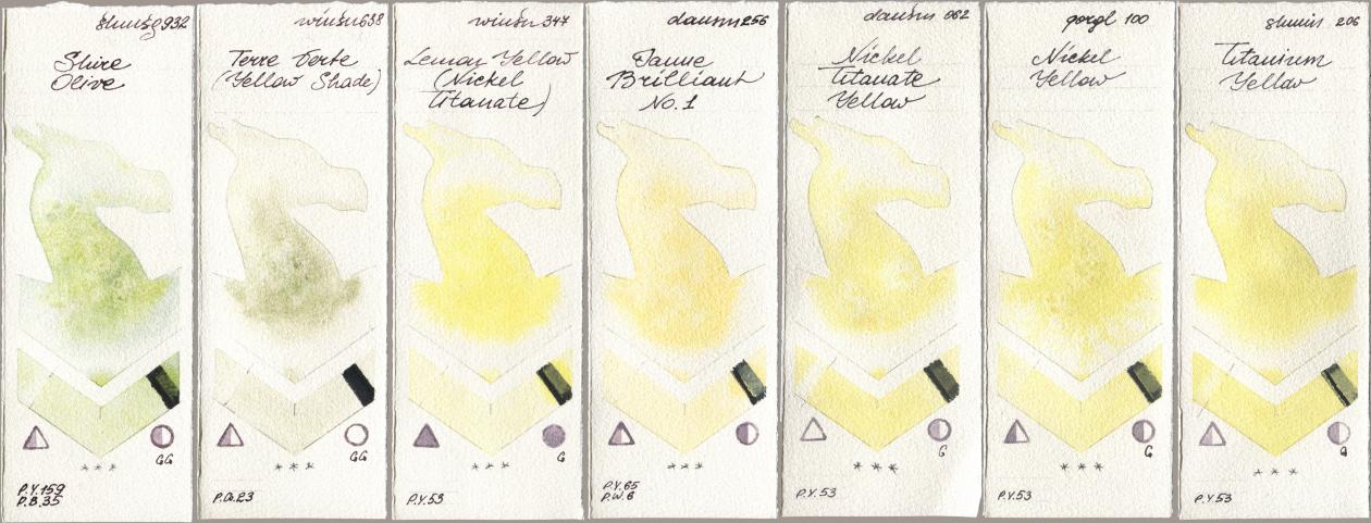 Shminke Horadam Aquarell 932 Shire Olive, Winsor & Newton Professional 638 Terre Verte (Yellow Shade), 347 Lemon Yellow (Nickel Titanate), Daniel Smith 256 Jaune Brilliant No 1, 062 Nickel Titanate Yellow, Golden QOR 100 Nickel Yellow, 206 Titanium Yell watercolor swatch