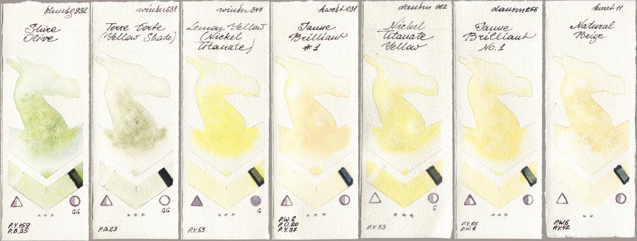Shminke Horadam Aquarell 932 Shire Olive, Winsor & Newton Professional 638 Terre Verte (Yellow Shade), 347 Lemon Yellow (Nickel Titanate), Holbein Artists Watercolor 031 Jaune Brilliant No 1, Daniel Smith 062 Nickel Titanate Yellow, 256 Jaune Brilliant No 1, Kuretake Gansai Tambi 011 Natural Bei watercolor swatch