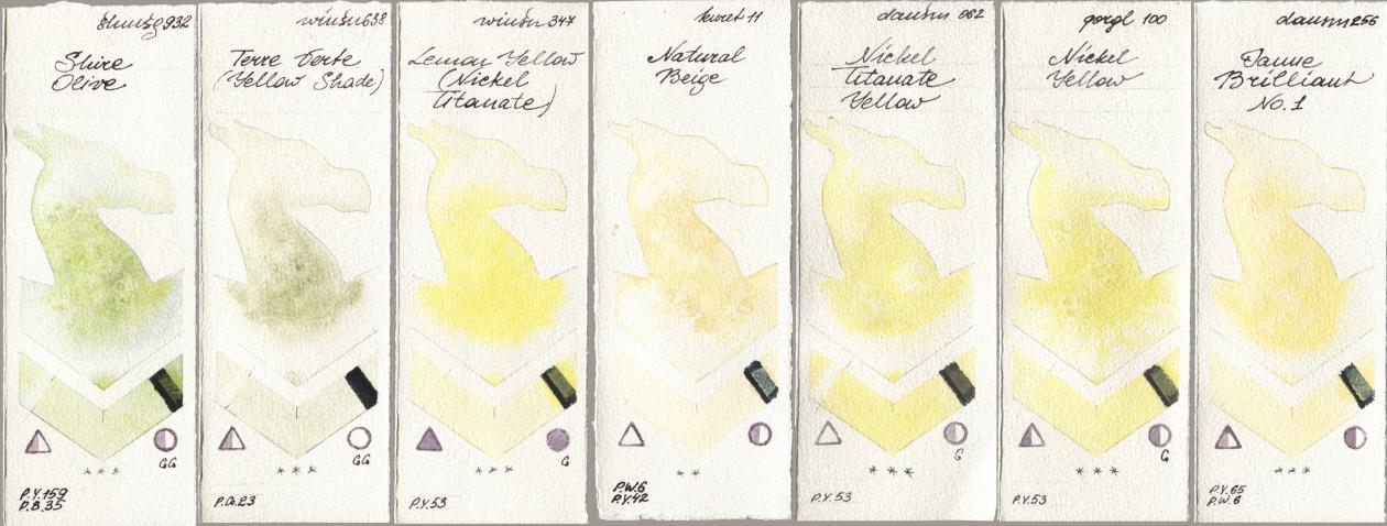 Shminke Horadam Aquarell 932 Shire Olive, Winsor & Newton Professional 638 Terre Verte (Yellow Shade), 347 Lemon Yellow (Nickel Titanate), Kuretake Gansai Tambi 011 Natural Beige, Daniel Smith 062 Nickel Titanate Yellow, Golden QOR 100 Nickel Yellow, 256 Jaune Brilliant No watercolor swatch