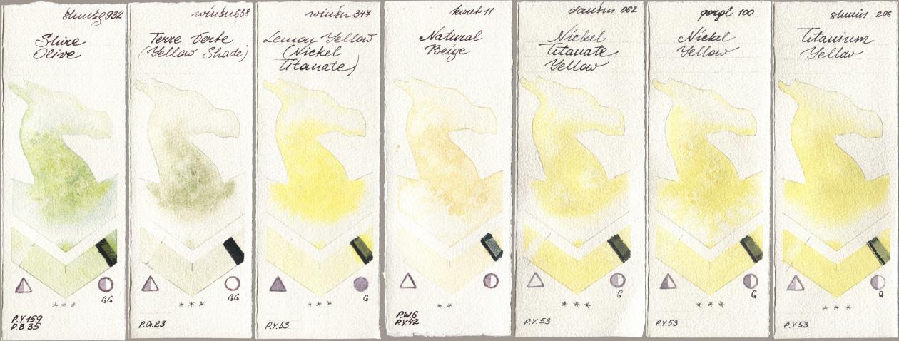 Shminke Horadam Aquarell 932 Shire Olive, Winsor & Newton Professional 638 Terre Verte (Yellow Shade), 347 Lemon Yellow (Nickel Titanate), Kuretake Gansai Tambi 011 Natural Beige, Daniel Smith 062 Nickel Titanate Yellow, Golden QOR 100 Nickel Yellow, 206 Titanium Yell watercolor swatch
