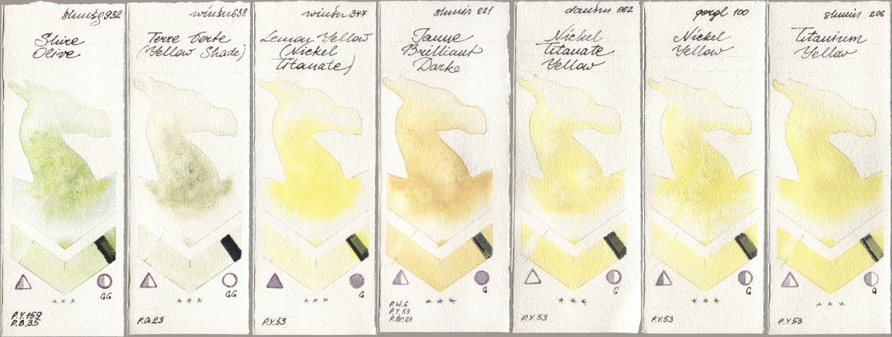 Shminke Horadam Aquarell 932 Shire Olive, Winsor & Newton Professional 638 Terre Verte (Yellow Shade), 347 Lemon Yellow (Nickel Titanate), 221 Brilliant Yellow Dark (Jaune Brilliant Dark), Daniel Smith 062 Nickel Titanate Yellow, Golden QOR 100 Nickel Yellow, 206 Titanium Yell watercolor swatch