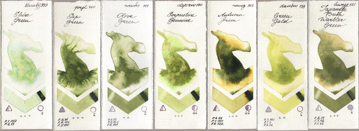 Shminke Horadam Aquarell 933 Shire Green, Golden QOR 400 Sap Green, Winsor & Newton Professional 447 Olive Green, Daniel Smith 190 Serpentine Genuine, Roman Szmal Aquarius 363 Autumn Green, 139 Green Gold, Holbein Artists Watercolor 521 Japanese Bush Warbler Gre watercolor swatch