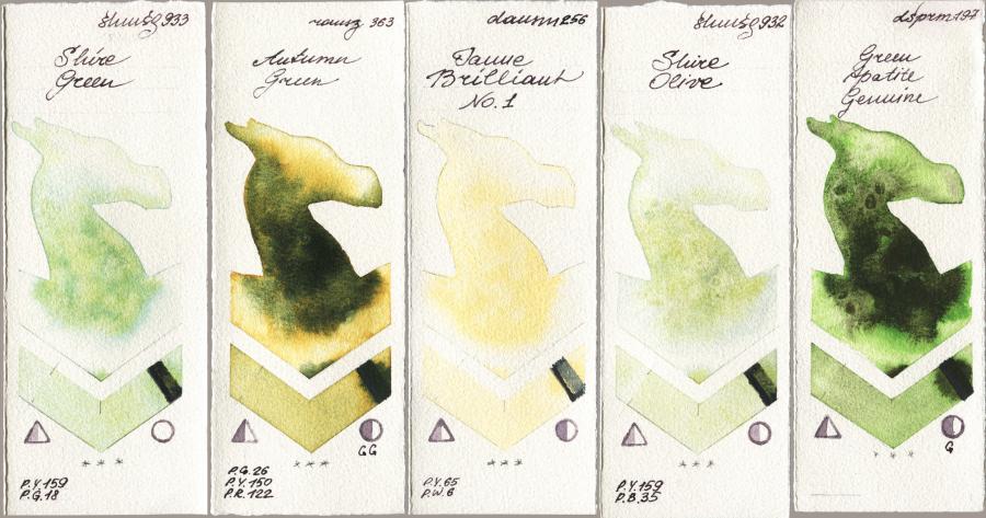 Shminke Horadam Aquarell 933 Shire Green vs Roman Szmal Aquarius 363 Autumn Green vs Daniel Smith 256 Jaune Brilliant No 1 vs 932 Shire Olive vs 197 Green Apatite Genuine watercolor swatch