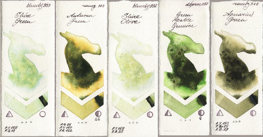 Shminke Horadam Aquarell 933 Shire Green vs Roman Szmal Aquarius 363 Autumn Green vs 932 Shire Olive vs Daniel Smith 197 Green Apatite Genuine vs 346 Aquarius Green watercolor swatch