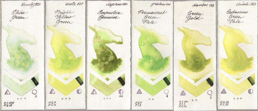 Shminke Horadam Aquarell 933 Shire Green, Sennelier l Aquarelle 871 Bright Yellow Green, Daniel Smith 190 Serpentine Genuine, M. Graham & Co. Artists 131 Permanent Green Pale, 139 Green Gold, Shinhan PWC 563 Cadmium Green Pa watercolor swatch