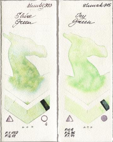 Shminke Horadam Aquarell 933 Shire Green, Shminke Akademie Aquarell 915 Icy Gre watercolor swatch