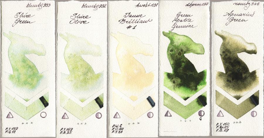 Shminke Horadam Aquarell 933 Shire Green vs 932 Shire Olive vs Holbein Artists Watercolor 031 Jaune Brilliant No 1 vs Daniel Smith 197 Green Apatite Genuine vs Roman Szmal Aquarius 346 Aquarius Green watercolor swatch