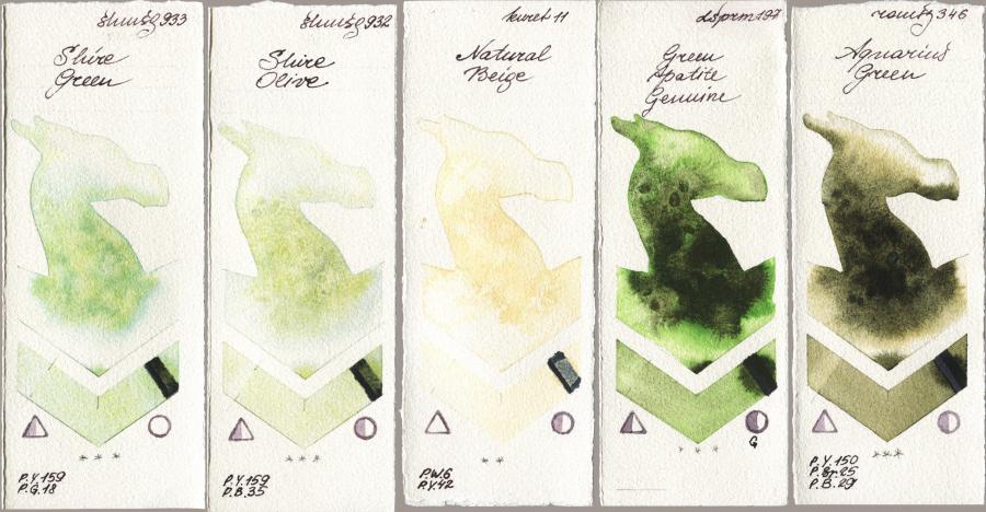 Shminke Horadam Aquarell 933 Shire Green vs 932 Shire Olive vs Kuretake Gansai Tambi 011 Natural Beige vs Daniel Smith 197 Green Apatite Genuine vs Roman Szmal Aquarius 346 Aquarius Green watercolor swatch