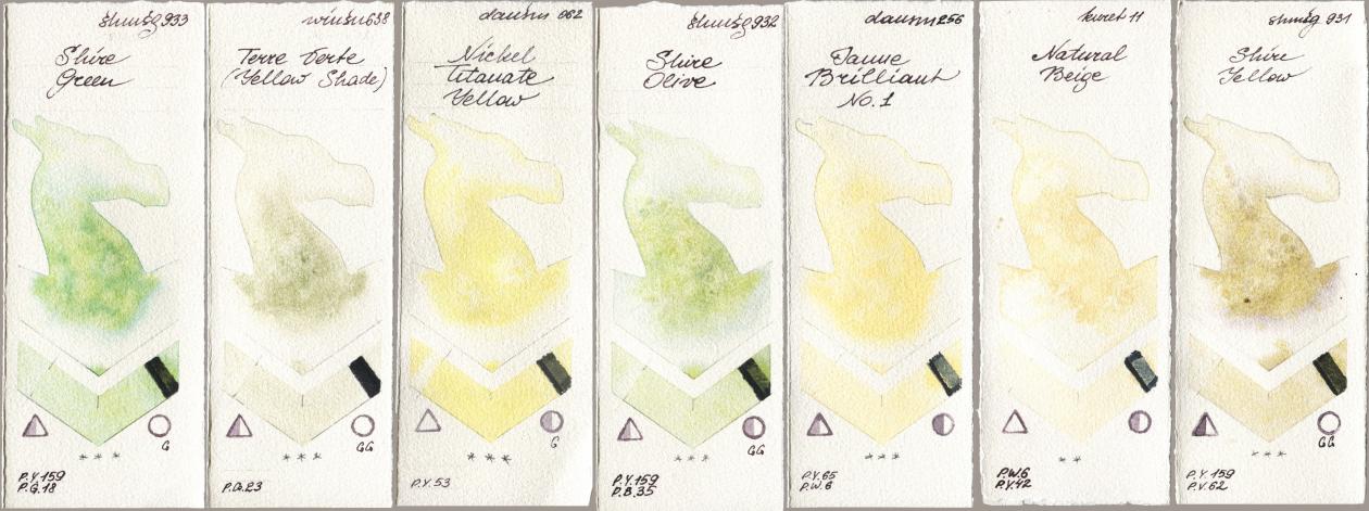 Shminke Horadam Aquarell 933 Shire Green, Winsor & Newton Professional 638 Terre Verte (Yellow Shade), Daniel Smith 062 Nickel Titanate Yellow, 932 Shire Olive, 256 Jaune Brilliant No 1, Kuretake Gansai Tambi 011 Natural Beige, 931 Shire Yell watercolor swatch