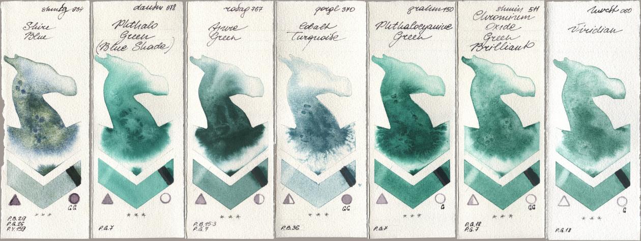 Shminke Horadam Aquarell 934 Shire Blue, Daniel Smith 078 Phthalo Green (Blue Shade), Rosa Gallery 767 Azure Green, Golden QOR 370 Cobalt Turquoise, M. Graham & Co. Artists 150 Phthalocyanine Green, 511 Chromium Oxide Green Brilliant, Holbein Artists Watercolor 060 Viridi watercolor swatch