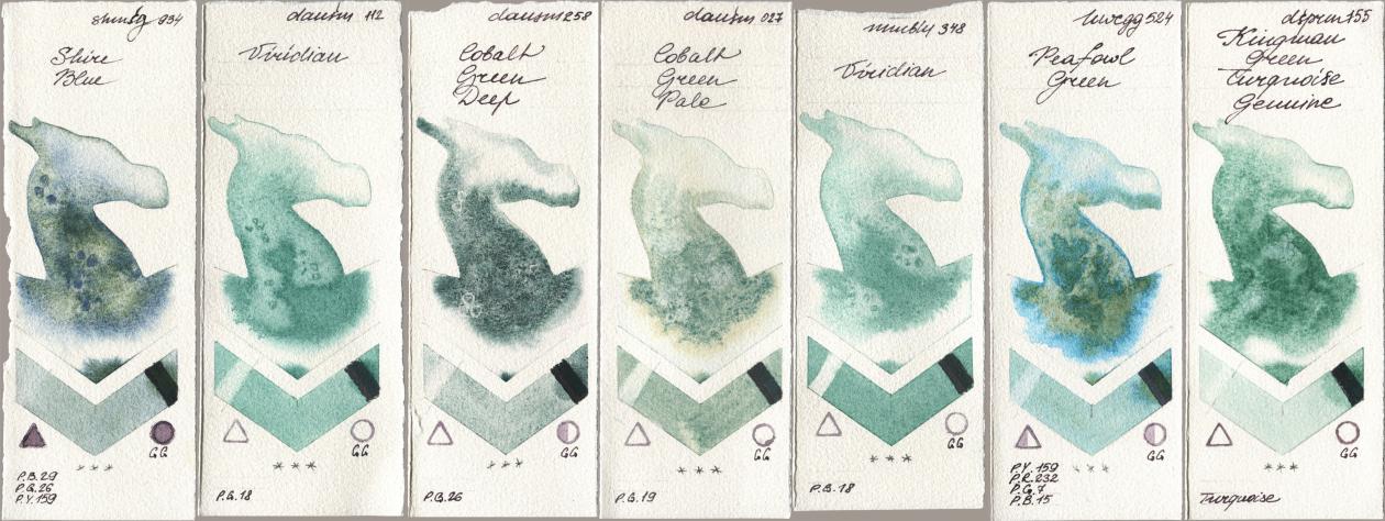 Shminke Horadam Aquarell 934 Shire Blue, Daniel Smith 112 Viridian, 258 Cobalt Green Deep, 027 Cobalt Green Pale, Maimeri Blu 348 Viridian, Holbein Artists Watercolor 524 Peafowl Green, 155 Kingman Green Turquoise Genui watercolor swatch