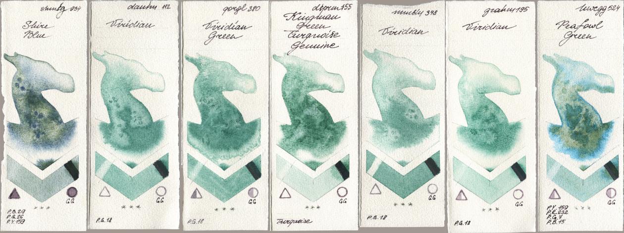 Shminke Horadam Aquarell 934 Shire Blue, Daniel Smith 112 Viridian, Golden QOR 380 Viridian Green, 155 Kingman Green Turquoise Genuine, Maimeri Blu 348 Viridian, M. Graham & Co. Artists 195 Viridian, Holbein Artists Watercolor 524 Peafowl Gre watercolor swatch