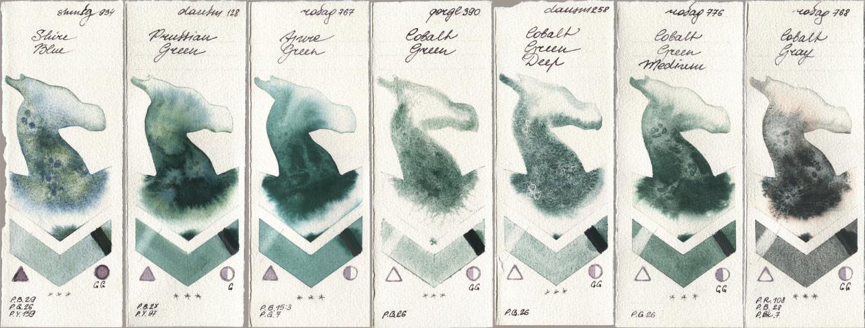 Shminke Horadam Aquarell 934 Shire Blue, Daniel Smith 128 Prussian Green, Rosa Gallery 767 Azure Green, Golden QOR 390 Cobalt Green, 258 Cobalt Green Deep, 776 Cobalt Green Medium, 768 Cobalt Gr watercolor swatch