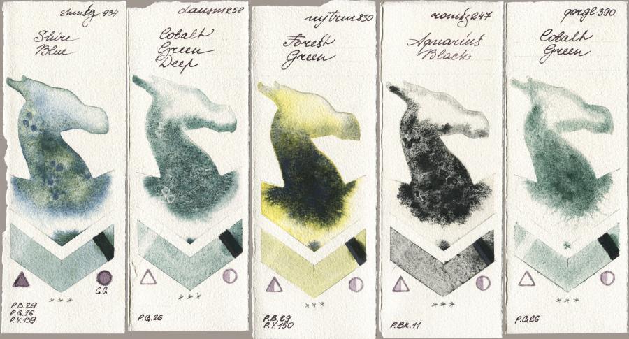 Shminke Horadam Aquarell 934 Shire Blue vs Daniel Smith 258 Cobalt Green Deep vs Mijello Mission Gold 830 Forest Green vs Roman Szmal Aquarius 247 Aquarius Black vs Golden QOR 390 Cobalt Green watercolor swatch