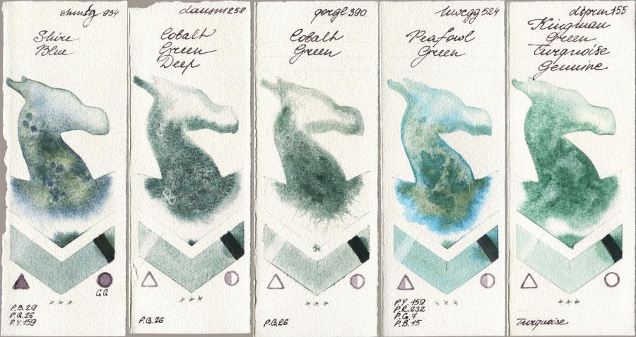 Shminke Horadam Aquarell 934 Shire Blue vs Daniel Smith 258 Cobalt Green Deep vs Golden QOR 390 Cobalt Green vs Holbein Artists Watercolor 524 Peafowl Green vs 155 Kingman Green Turquoise Genuine watercolor swatch