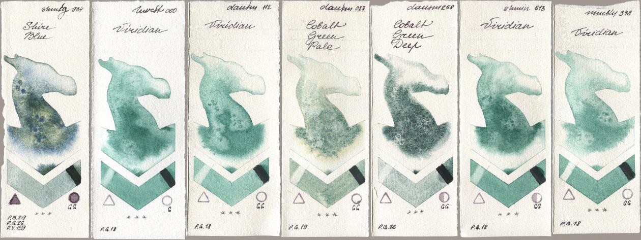 Shminke Horadam Aquarell 934 Shire Blue, Holbein Artists Watercolor 060 Viridian, Daniel Smith 112 Viridian, 027 Cobalt Green Pale, 258 Cobalt Green Deep, 513 Viridian, Maimeri Blu 348 Viridi watercolor swatch