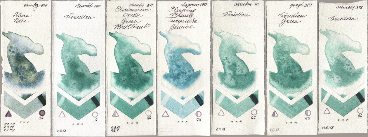 Shminke Horadam Aquarell 934 Shire Blue, Holbein Artists Watercolor 060 Viridian, 511 Chromium Oxide Green Brilliant, Daniel Smith 150 Sleeping Beauty Turquoise Genuine, 112 Viridian, Golden QOR 380 Viridian Green, Maimeri Blu 348 Viridi watercolor swatch