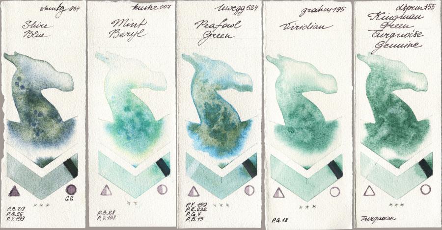 Shminke Horadam Aquarell 934 Shire Blue vs Kusakabe 007 Mint Beryl vs Holbein Artists Watercolor 524 Peafowl Green vs M. Graham & Co. Artists 195 Viridian vs Daniel Smith 155 Kingman Green Turquoise Genuine watercolor swatch
