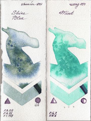 Shminke Horadam Aquarell 934 Shire Blue vs Rosa Gallery 754 Mint watercolor swatch