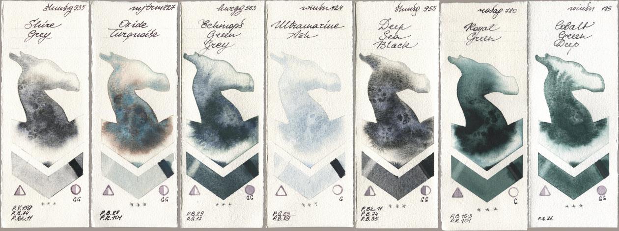 Shminke Horadam Aquarell 935 Shire Grey, Mijello Mission Gold 827 Oxide Turquoise, Holbein Artists Watercolor 563 Echinops Green Grey, Winsor & Newton Professional 424 Ultramarine Ash, 955 Deep Sea Black, Rosa Gallery 780 Royal Green, 185 Cobalt Green De watercolor swatch