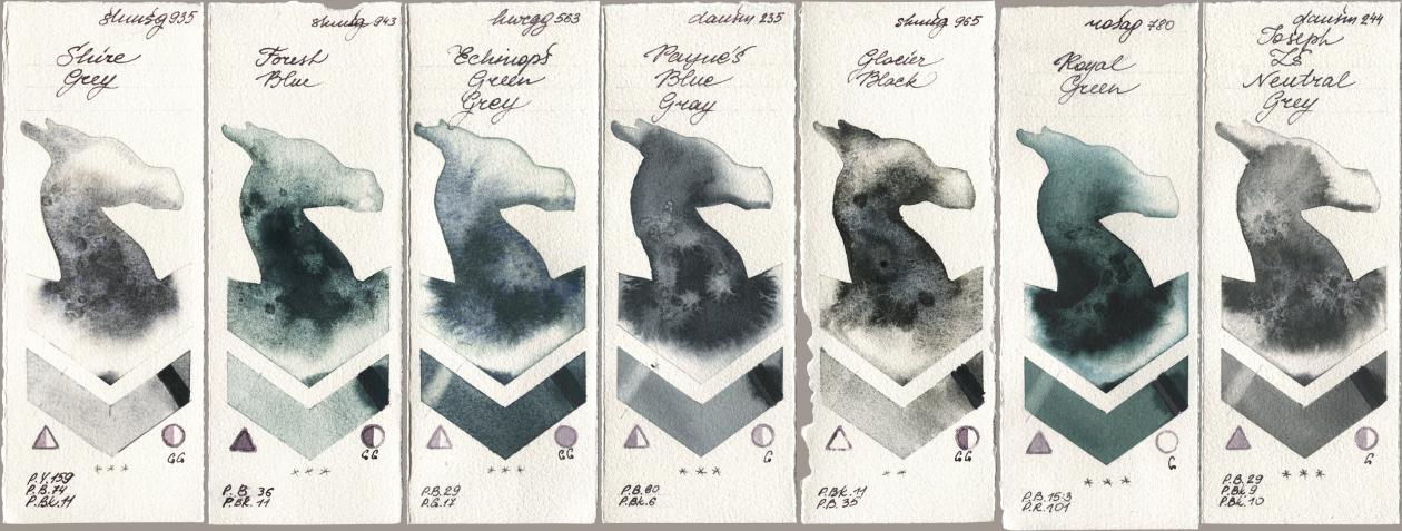Shminke Horadam Aquarell 935 Shire Grey, 943 Forest Blue, Holbein Artists Watercolor 563 Echinops Green Grey, Daniel Smith 235 Paynes Blue Gray, 965 Glacier Black, Rosa Gallery 780 Royal Green, 244 Joseph Zs Neutral Gr watercolor swatch