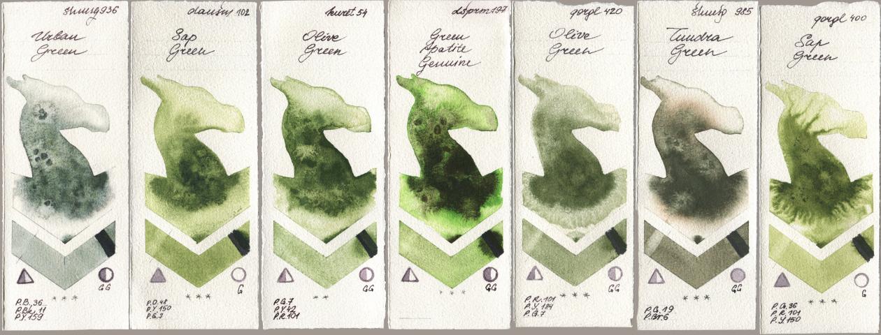 Shminke Horadam Aquarell 936 Urban Green, Daniel Smith 102 Sap Green, Kuretake Gansai Tambi 054 Olive Green, 197 Green Apatite Genuine, Golden QOR 420 Olive Green, 985 Tundra Green, 400 Sap Gre watercolor swatch