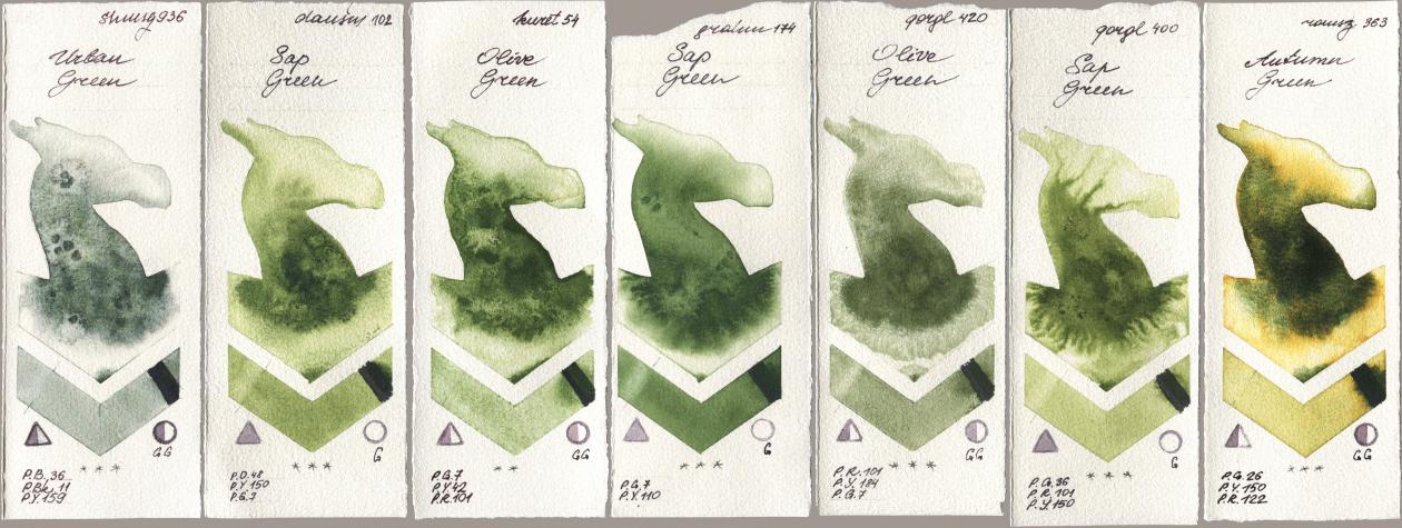 Shminke Horadam Aquarell 936 Urban Green, Daniel Smith 102 Sap Green, Kuretake Gansai Tambi 054 Olive Green, M. Graham & Co. Artists 174 Sap Green, Golden QOR 420 Olive Green, 400 Sap Green, Roman Szmal Aquarius 363 Autumn Gre watercolor swatch