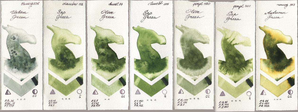 Shminke Horadam Aquarell 936 Urban Green, Daniel Smith 102 Sap Green, Kuretake Gansai Tambi 054 Olive Green, Holbein Artists Watercolor 075 Sap Green, Golden QOR 420 Olive Green, 400 Sap Green, Roman Szmal Aquarius 363 Autumn Gre watercolor swatch