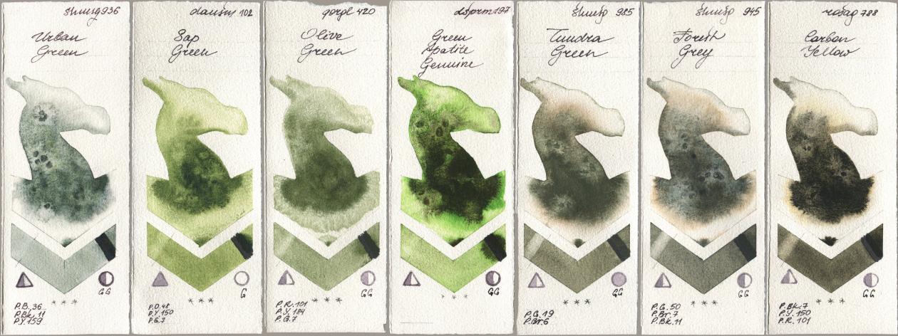 Shminke Horadam Aquarell 936 Urban Green, Daniel Smith 102 Sap Green, Golden QOR 420 Olive Green, 197 Green Apatite Genuine, 985 Tundra Green, 945 Forest Grey, Rosa Gallery 788 Carbon Yell watercolor swatch