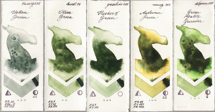 Shminke Horadam Aquarell 936 Urban Green vs Kuretake Gansai Tambi 054 Olive Green vs M. Graham & Co. Artists 108 Hookers Green vs Roman Szmal Aquarius 363 Autumn Green vs Daniel Smith 197 Green Apatite Genuine watercolor swatch