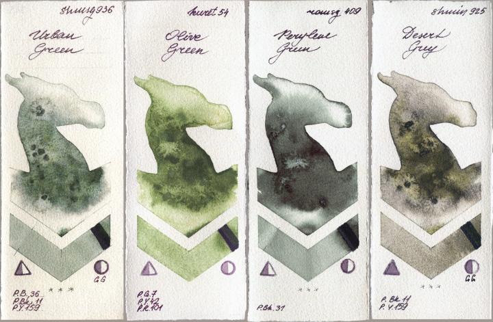 Shminke Horadam Aquarell 936 Urban Green vs Kuretake Gansai Tambi 54 Olive Green vs Roman Szmal Aquarius 409 Perylene Green vs 925 Desert Grey watercolor swatch